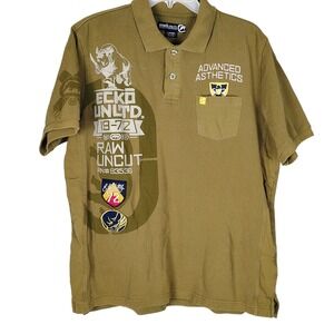 ECKO UNLTD Mens L Olive Green Rhino Graphic Short Sleeve Polo Shirt patch